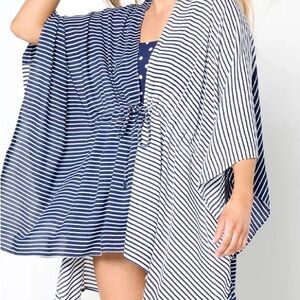 Lands' End Navy and White Striped Swim kimono Cover-Up